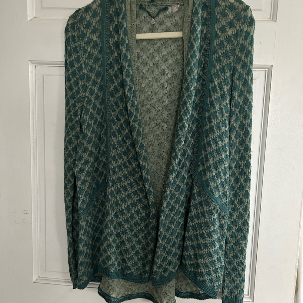 Anthropologie Knitted and Knotted Green and Cream Detailed Cardigan. Medium